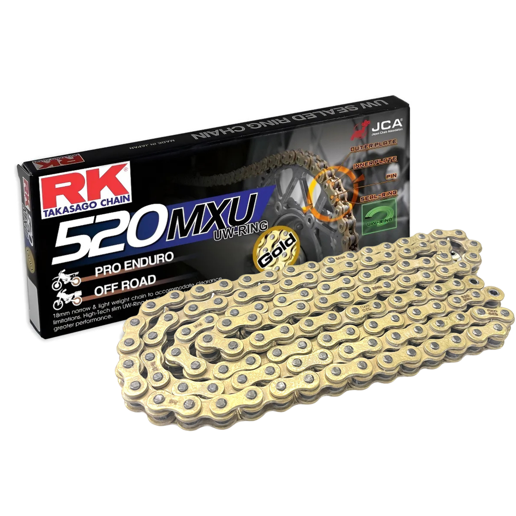CADENA TRANSMISION RK MXU ULTRA LIVIANA DORADA 520 X 120 C/O-RING ULTRAFINO UW C/CLIP