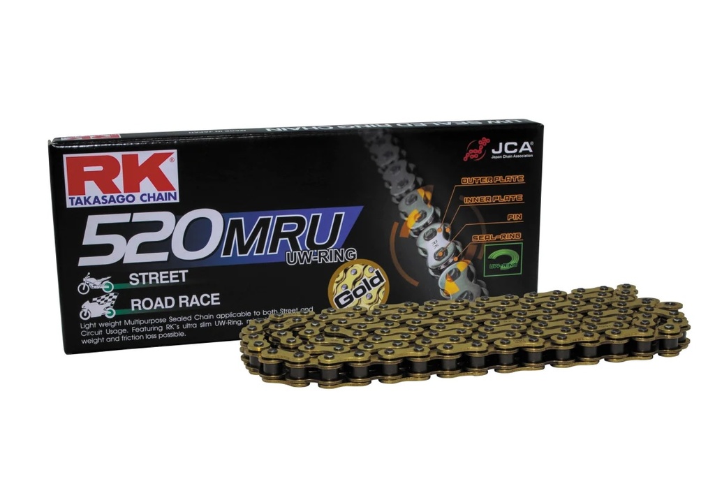 CADENA TRANSMISION RK RACING MRU DORADA 520 X 130 C/O-RING ULTRAFINO UW C/REMACHE