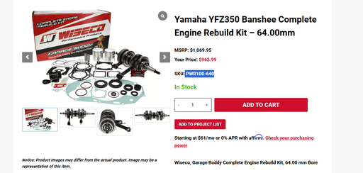 [PWR100-640] Kit completo de reconstrucción de motor Yamaha YFZ350 Banshee (64 mm)